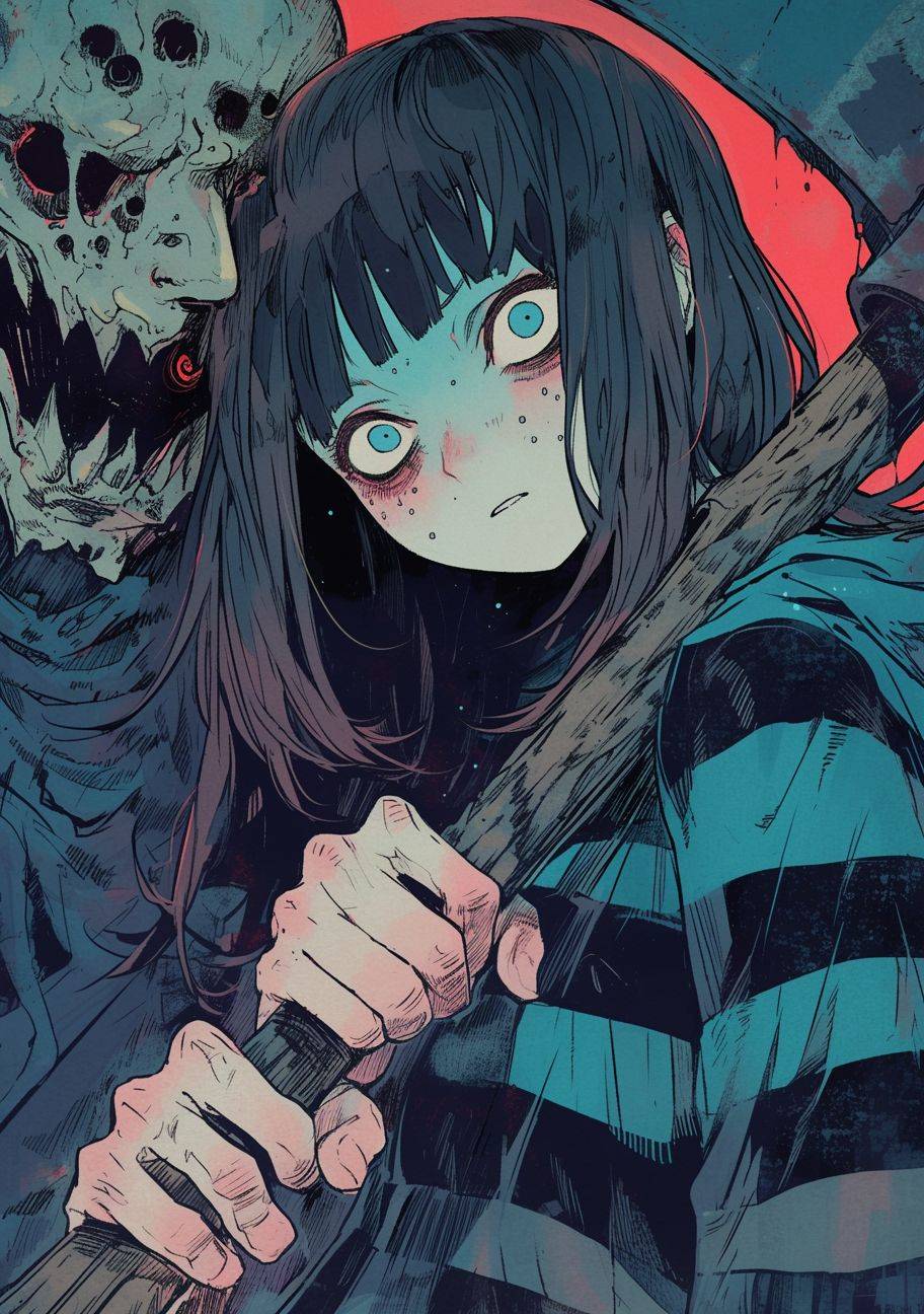 青緑色と暗紅色のスタイルで、コミックアート、クラウンコア、新版画スタイルで、クローズアップされたキャラクターの脇に武器を持つ少女。