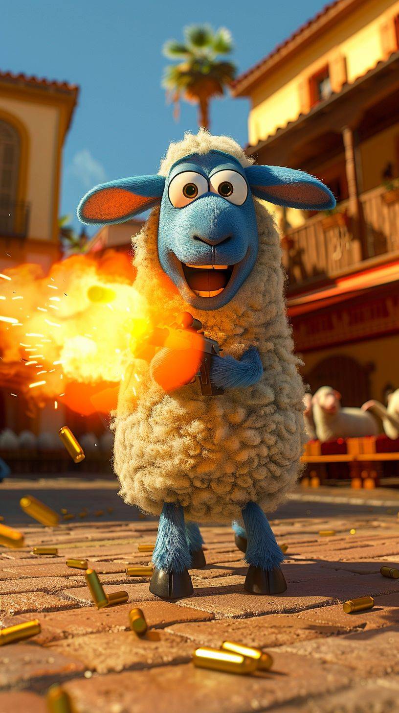 Netflix is ​​producing an animation of 'Little Bo Sheep' firing a Tommy gun with 3D bullets, Pixar style, awesome--chaos 70--aspect ratio 9:16--stylize 600