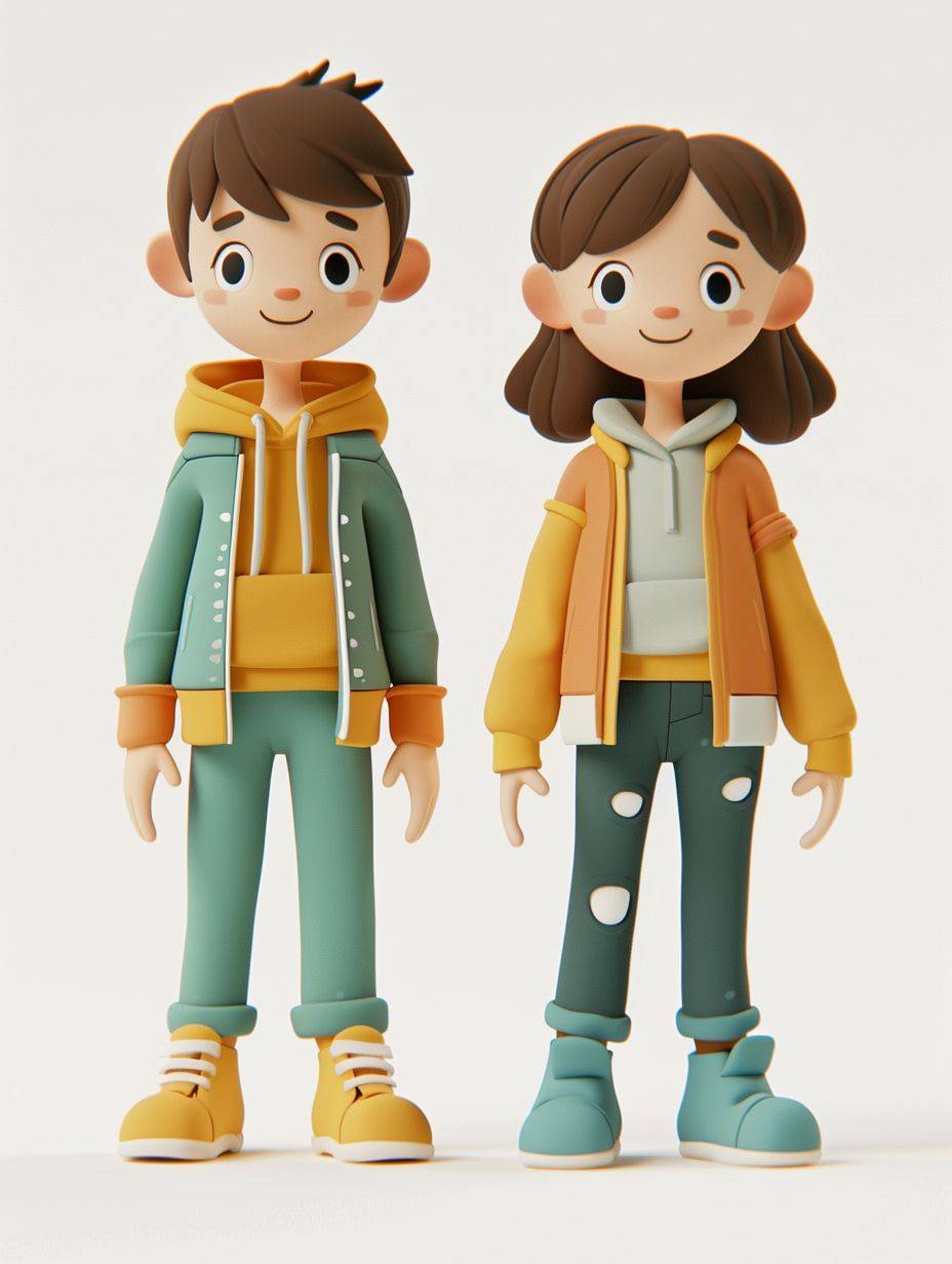 Design a 3D character with a minimalistic style, featuring eyes as simple dots for a playful and abstract look. Clay style, On one half a women and on the other half a men set, with school look, soft blender, The character should have a front-facing upper body with a friendly smile, warm tone, look happy, set white background.