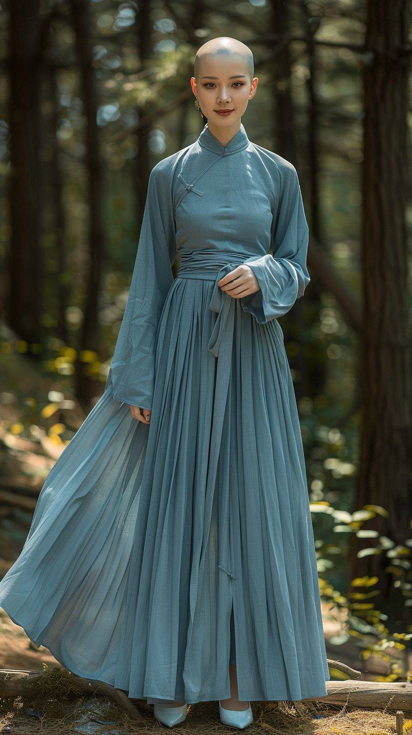 A 20-year-old Chinese woman, bald with a Chinese monk-like appearance, real skin with delicate and fair complexion, a fair and ruddy oval face with willow eyebrows and a small nose. She is wearing a long blue dress, slender thighs, and white high heels, with a slight smile on her face, standing in a sunny forest, looking sideways at the camera while taking a full-body photo.