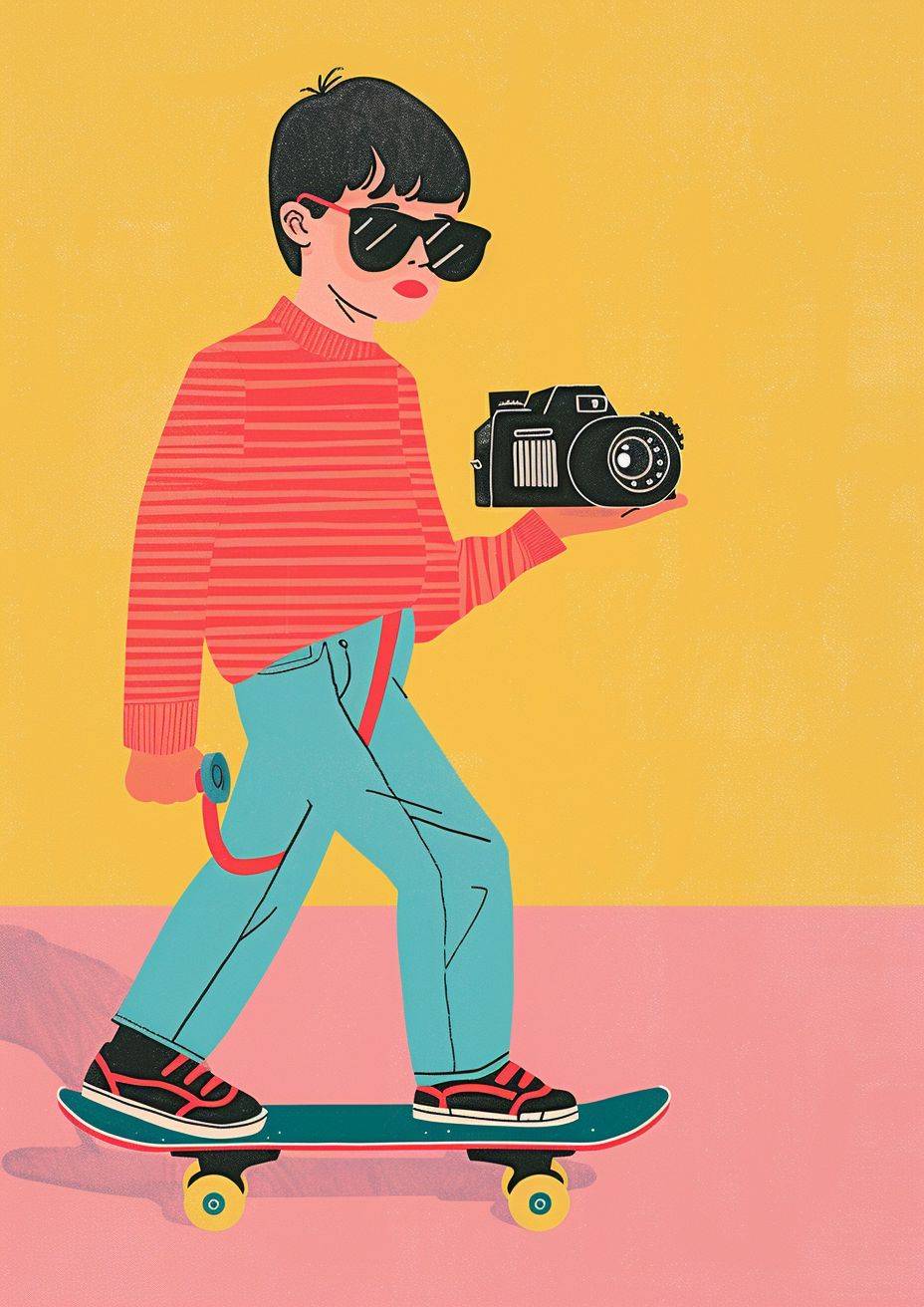 Art by Joan Cornella in Peter Bagge style, a boy with mullet hairstyle playing skateboard with holding a handycam, wearing black artsy sunglasses.