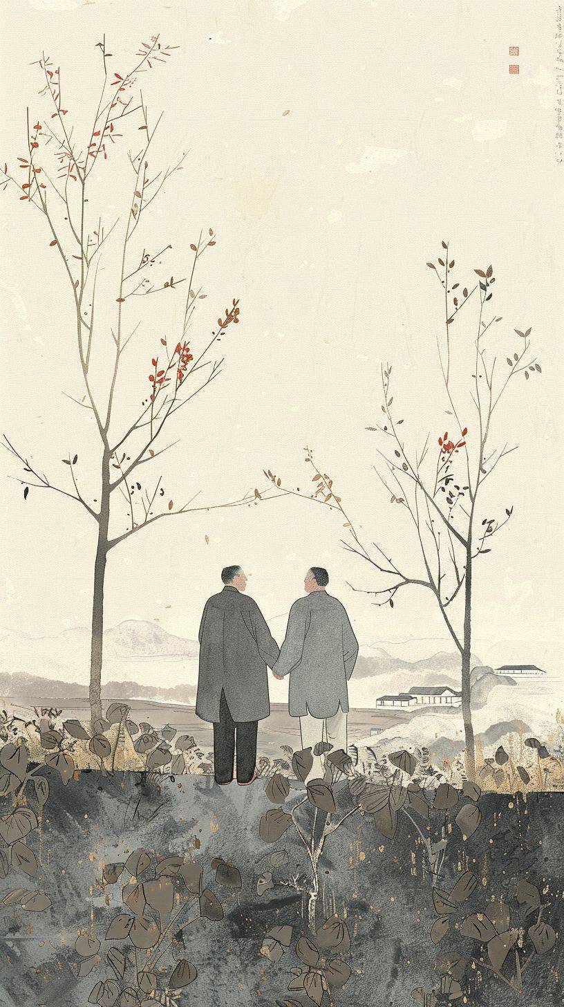 Two Chinese men holding hands in a Chinese farm by Alessandro Gottardo