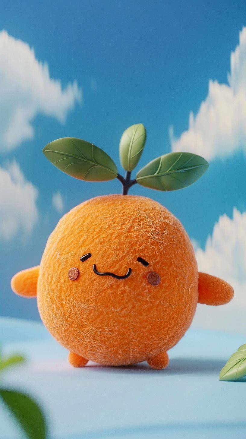 Cute plush little orange, IP image, front, pure sky blue background, 32k uhd, oshare kei, soft and romantic scenes, cute and colorful detail character design, Behance, Haipai, organic sculpture, C4D style, 3D animation style character design, cartoon realism, funny character design, 8k, highest quality