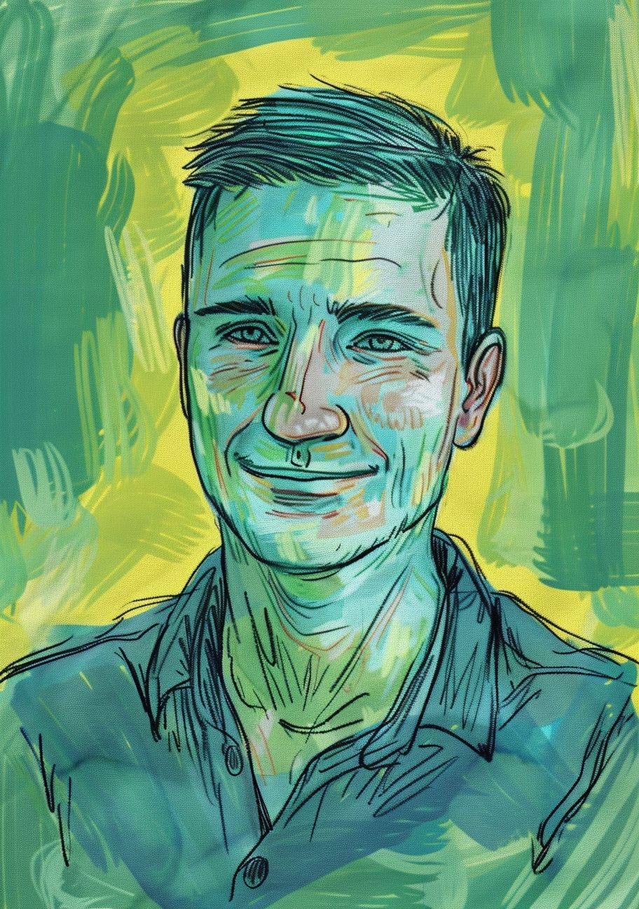 A drawing of an average man in his thirties with short hair, looking straight ahead and smiling slightly. The background is green with yellow highlights. Use the colors teal blue and lime green for coloring. In the style of children's book illustration.