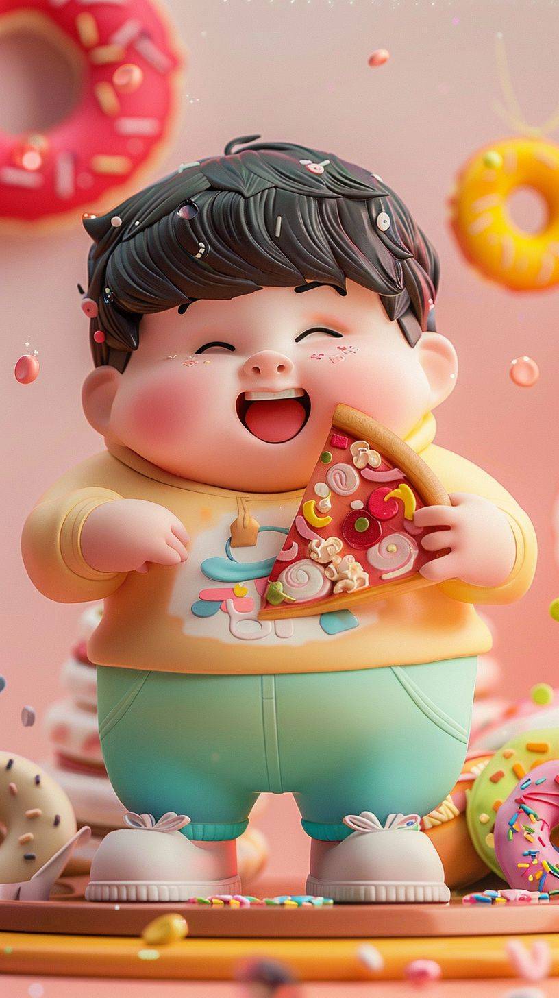 Chibi, fat kid eating pizza, he is chubby and cute, he has bowl cut hair style, he is wearing beautiful gradient color shirt and slipper, candies and donuts around, he is happy and looks enjoyed, Morandi color scheme, playful color scheme, gradient color, colorful background, 3D rendering, soft sculpture