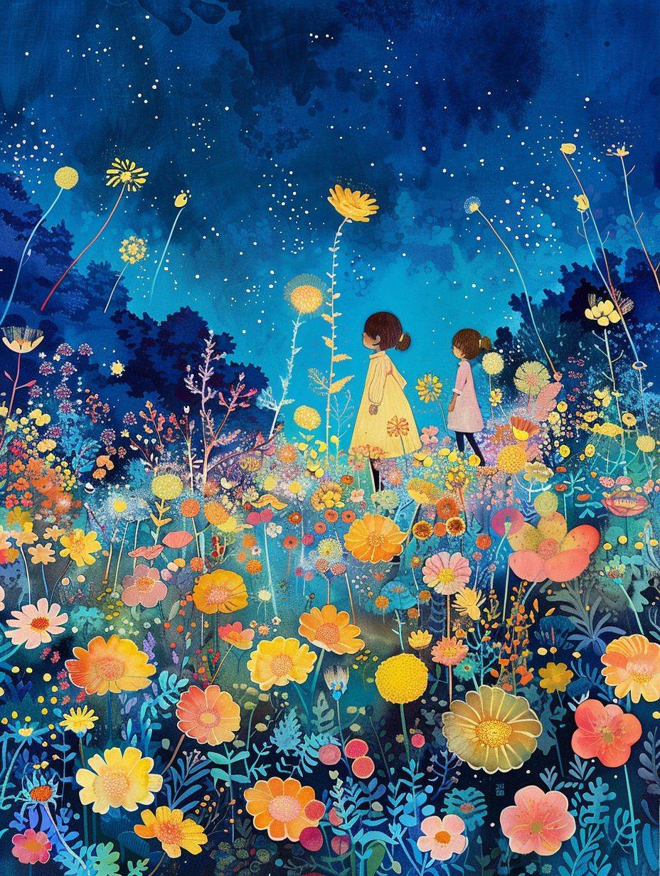 Download photo park of the flowers APK, in the style of Mary Blair, dark sky-blue and light yellow, Stephanie Pui-Mun Law, whimsical, childlike figures, Naomi Okubo, joyful celebration of nature, outdoor scenes -- aspect ratio 3:4