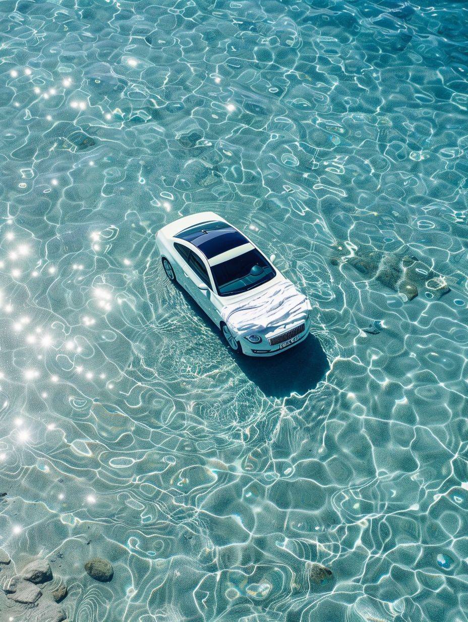 透き通った海、青い水、水面に敷かれた白い薄い毛布の上に車が浮かんでいます