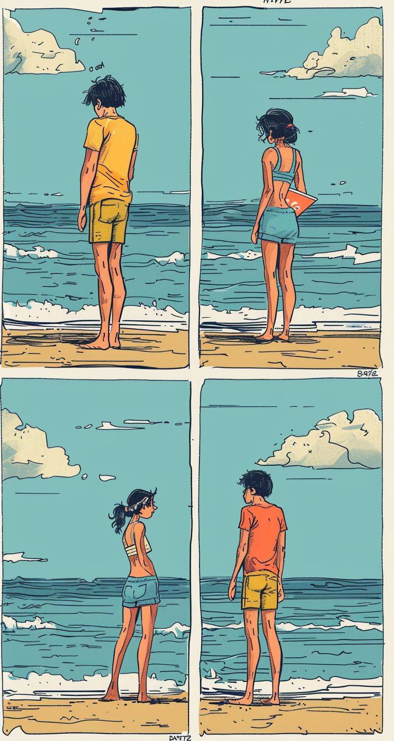 Four-panel American beach action comic, fashion, IP, flat, cartoon, stroke