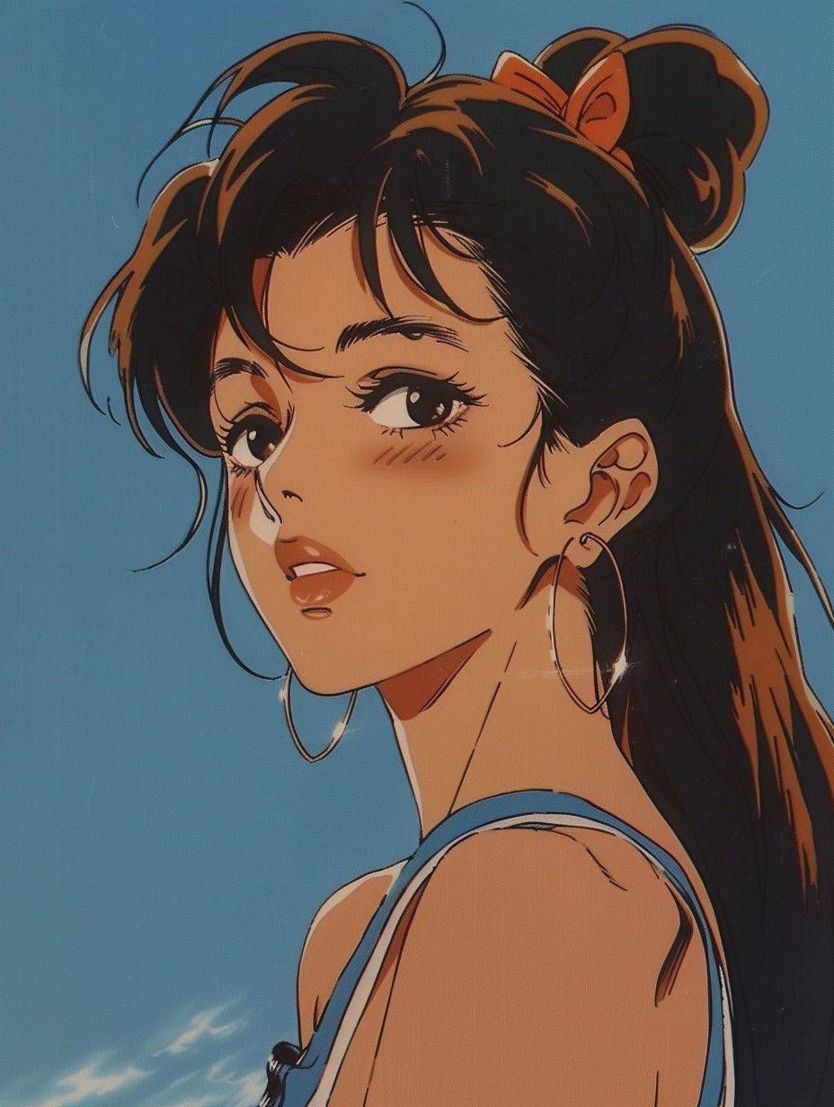 2000年初のアニメシリーズからのDVDの静止画、80年代のアニメスタイルの女性アニメキャラクター、ブリュネットの髪を持つ女性、青い背景、柔らかい女の子の美学、宮崎駿のスタイル、ノスタルジックなレトロアニメ、ポートレートショット--ar 3:4。