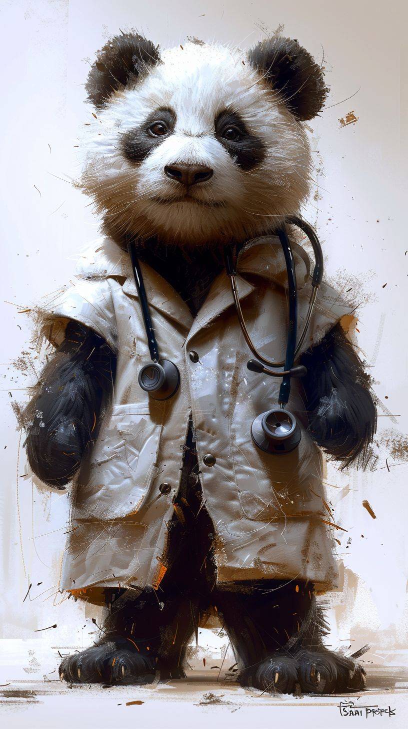 A cute panda named TOM, with a round face, round body, very short, and short arms and legs. Black and white fur, wearing a doctor's outfit, white, without any decoration, with a stethoscope around his neck and a pained expression. clean white background. Clearly visible hair, super-resolution, realistic style, dynamic scene, clear pores, super-resolved cheeks, very sharp, cinematic style, realistic, detailed rendering of fur textures, in the style of Sam Spratt, concept art in the style of Greg Rutkowski. Detailed brushstrokes, thick paint texture, full body portrait, ultrahigh definition images, high resolution, rich colors, and complex details. It has exquisite details and high-definition images. The illustration is in the style of fantasy portraits and uses digital art techniques. It has a fantasy art style with cinematic light as a digital painting. The artwork has high detail and sharp focus as an illustration and piece of digital art. It has exquisite details and high-definition images. In the style of game art, in the style of fantasy illustration, Clearly visible hair, super-resolution, realistic style, 3D. Best Quality, 8K