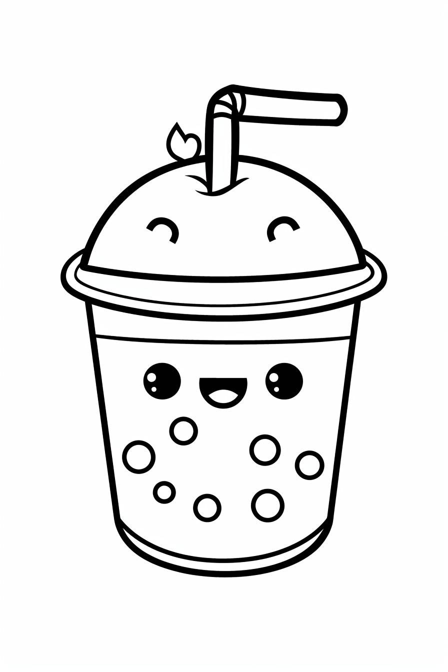 Boba tea, coloring book for kids, simple designs, no detail, outline only, do not fill anything with color, no background, fill frame, edge to edge, clipart with white background, only black and white --style raw --ar 2:3