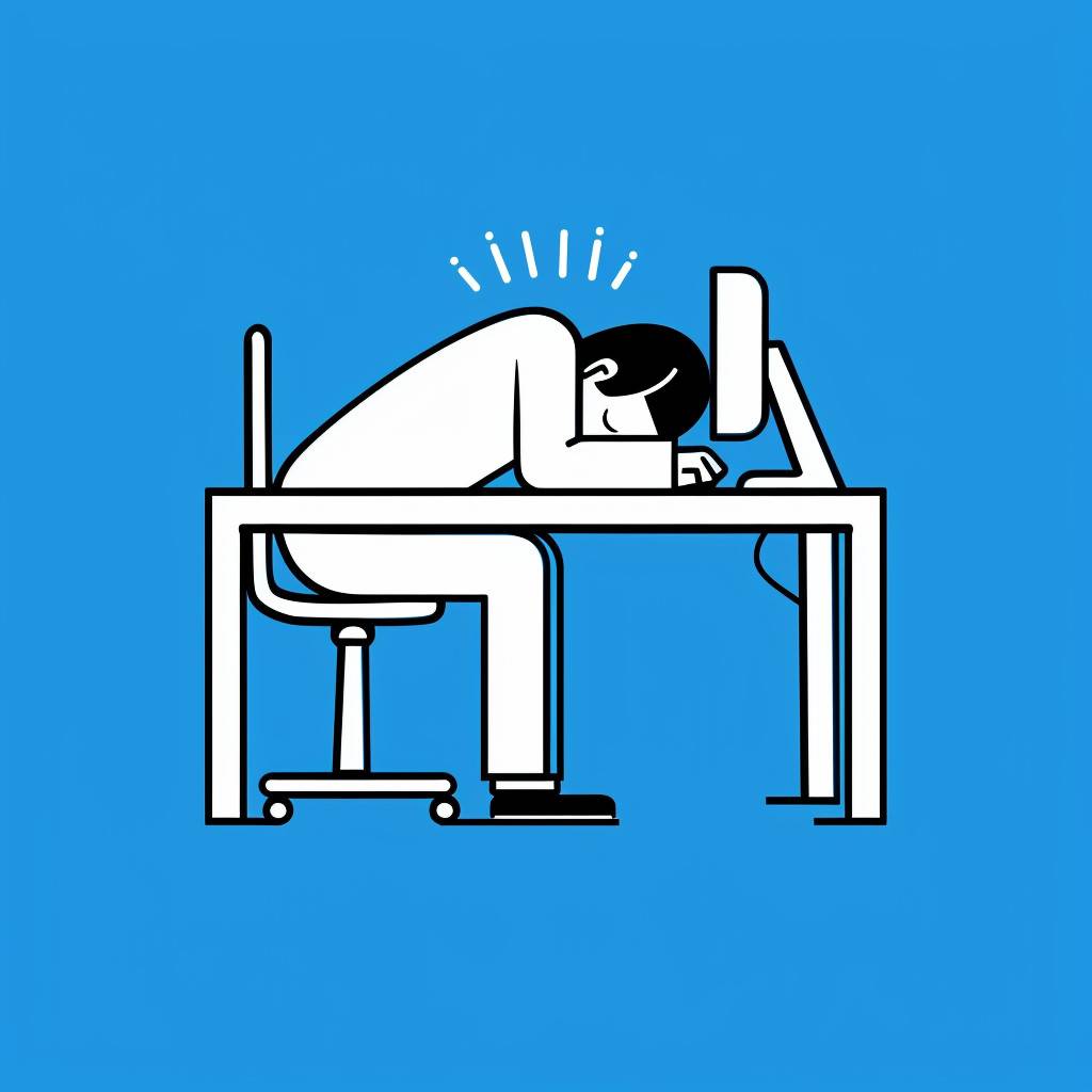 机の上で眠るオフィスワーカーの簡単なカートゥーン画。青い背景と白い輪郭で描かれています。キャラクターはシンプルなスタイルで、明るい青い背景に対して黒い線を使用しています。コンピュータ画面にうつ伏せになっている男性が描かれ、Tシャツやドレスなどのカジュアルな服装を着ています。追加の要素はありません。魅力的でユーモラスなイラストを、ミニマリストのアーティストのスタイルで創造することに焦点が当てられています。