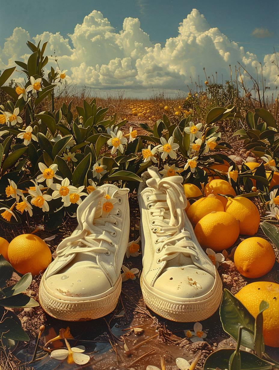 This is a surreal work, with lemons, petitgrain, honeysuckle, jasmine, daffodils, green leaves and wet soil on the ground, surrounded by spring. The scene is set against a warm, serene sky and white clouds, creating a dreamy juxtaposition of organic beauty and the human form.
