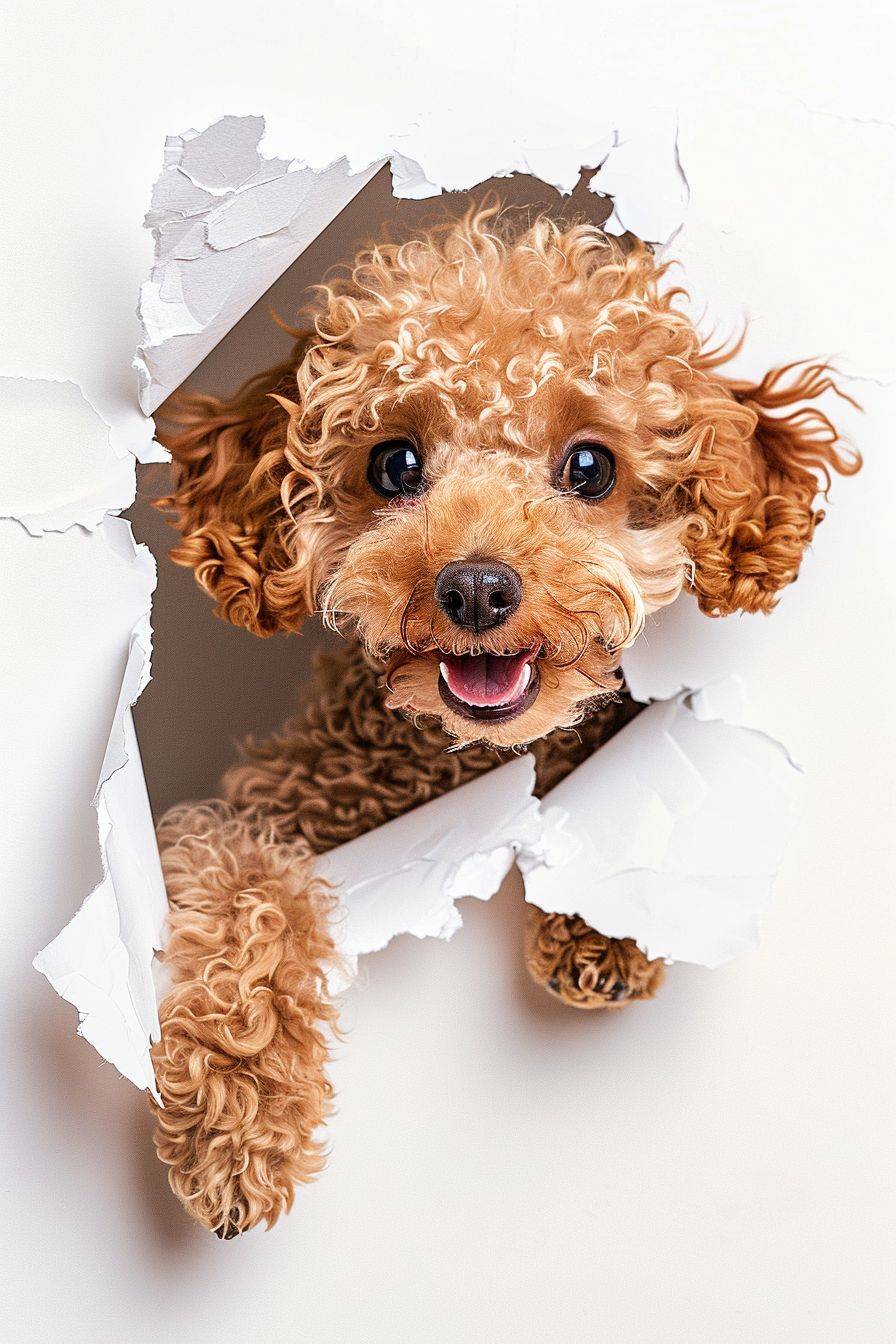 Cute Toy poodle sticking its head out of the hole in white paper, cute, adorable, cutout sticker style, isolated on plain white background, high resolution photo, professional photography, natural lighting