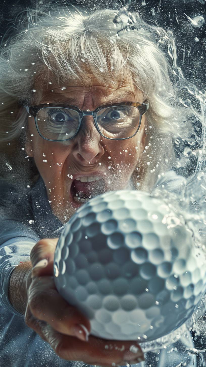 An older woman hitting a large golf ball very hard, wearing glasses, blonde hair, crazy energy, exaggerated scene, manga style