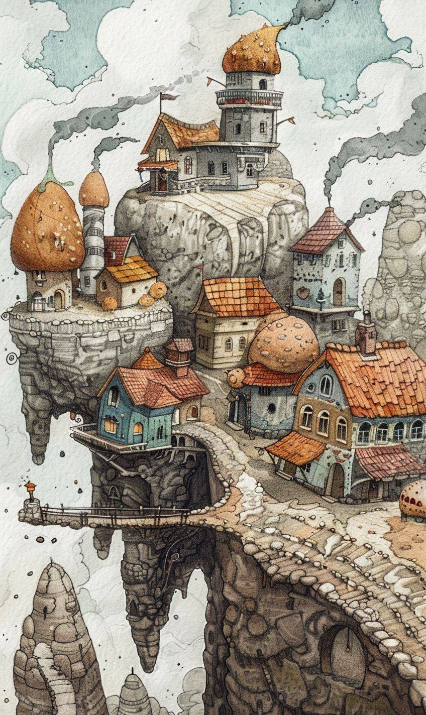 リニアース風のイラストで、パン粉で作られた小さな世界であるクラムランドを描く。パリパリのクラストでできた家やパン粉でできた愛らしい生物がある幻想的な風景が描かれています--ar 3:5