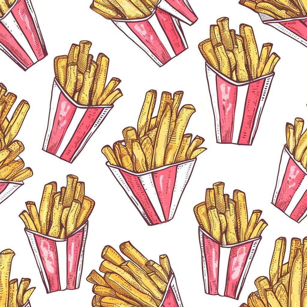 Seamless pattern featuring fries packet with random angles and positions on a white background. The packets should be blurry and highlighted.