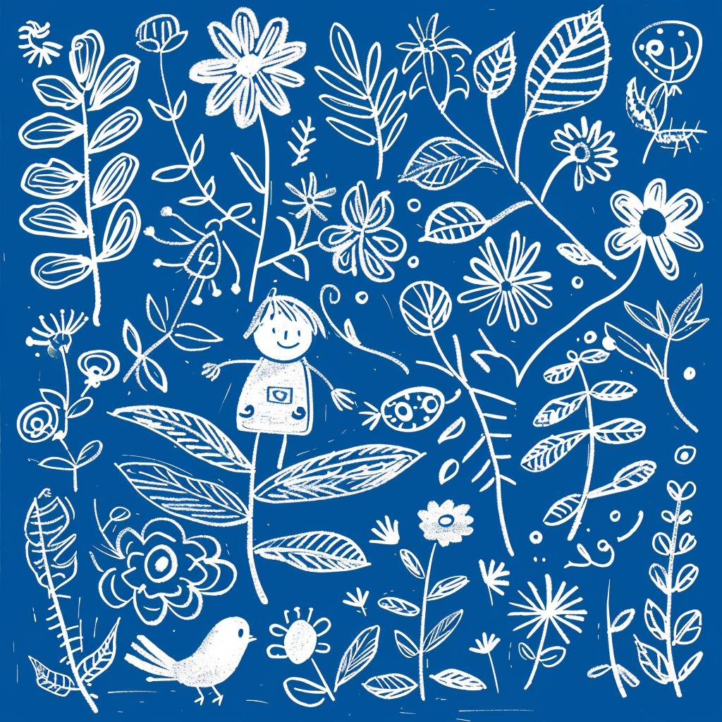 Illustration of nature doodle style. Illustration depicting flowers, leaves, birds and kids as outlines, in off-white, in doodle style on a bright blue background.