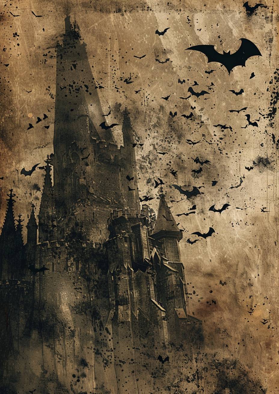 A dark tower, flying bats, in the style of medieval marginalia, minimalism