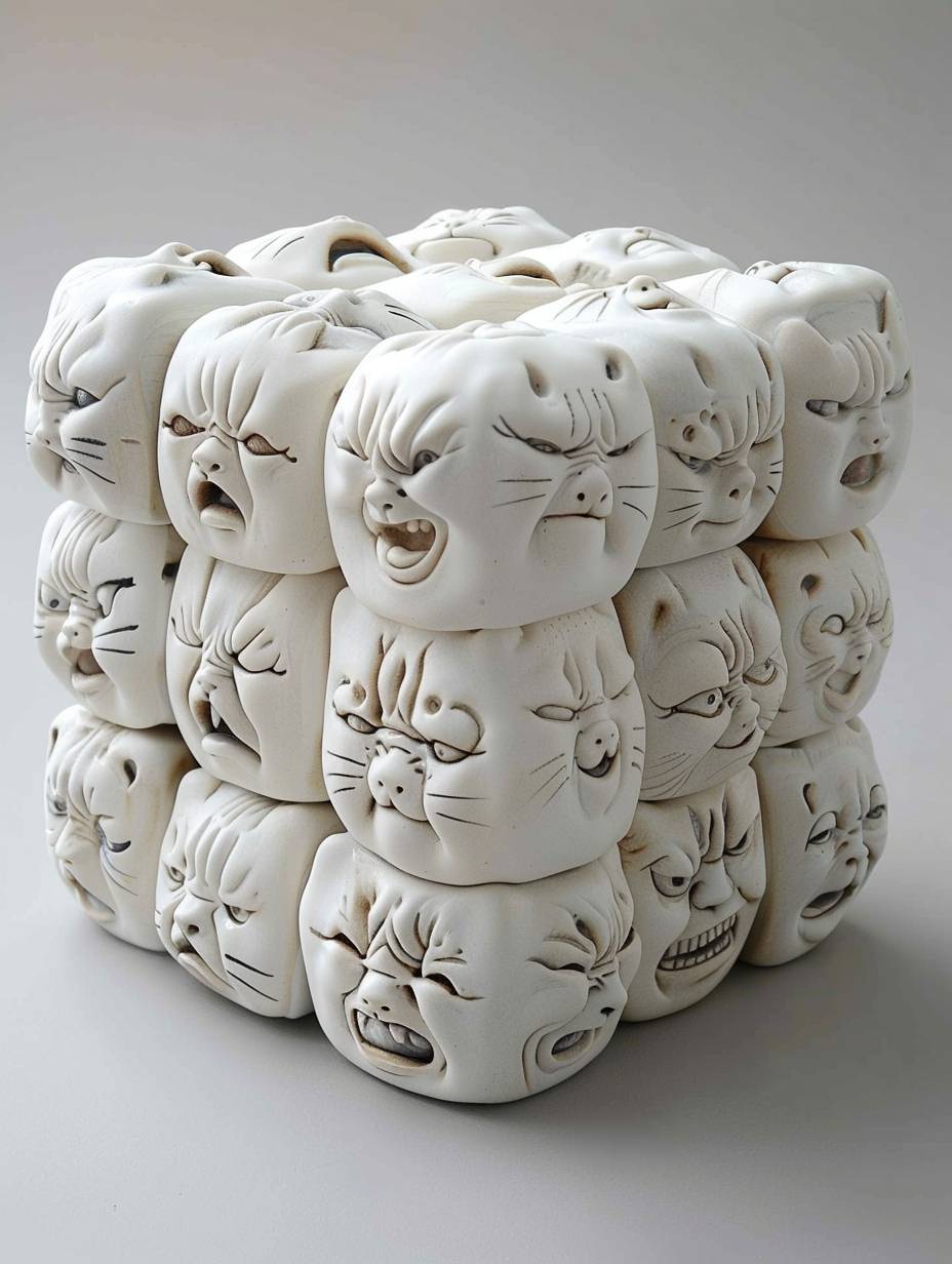 A cube made of white porcelain, covered with many different cat faces and emotions, all of which have very expressive expressions, as if they were smiling or crying in the style of Japanese sculpture, 8k