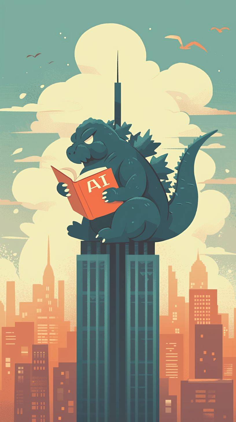 A cute cartoon Godzilla is sitting on the empire state building, with 'LOL' written in bold letters above its head, reading a book, flat illustration style, pastel colors, children's poster design, book cover design