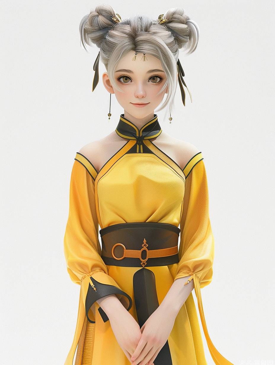 Frontal, friendly Chinese girl, light hair color, black pupils, energetic, modern and youthful dress, showing student feeling, technological decoration and future elements, showing the coexistence of avant-garde and reality, about 25 years old, smart image, portrait, cartoon, IP character, mission, hyperrealism, IP design, white background, full body, natural light, exquisite 3D rendering, 3D, Blender, C4D, Octane rendering