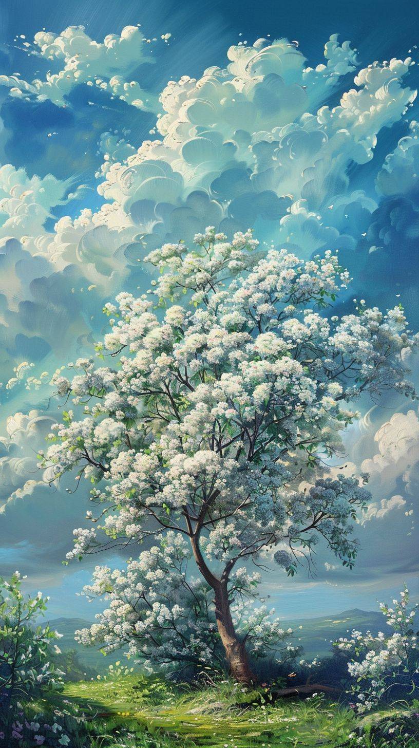 A tree that grows in nature, full of white flowers and green leaves. The sky above is blue with some clouds floating around. Oil painting style that focuses on natural aesthetics, returning to the ancients. HD, Ultra HD.