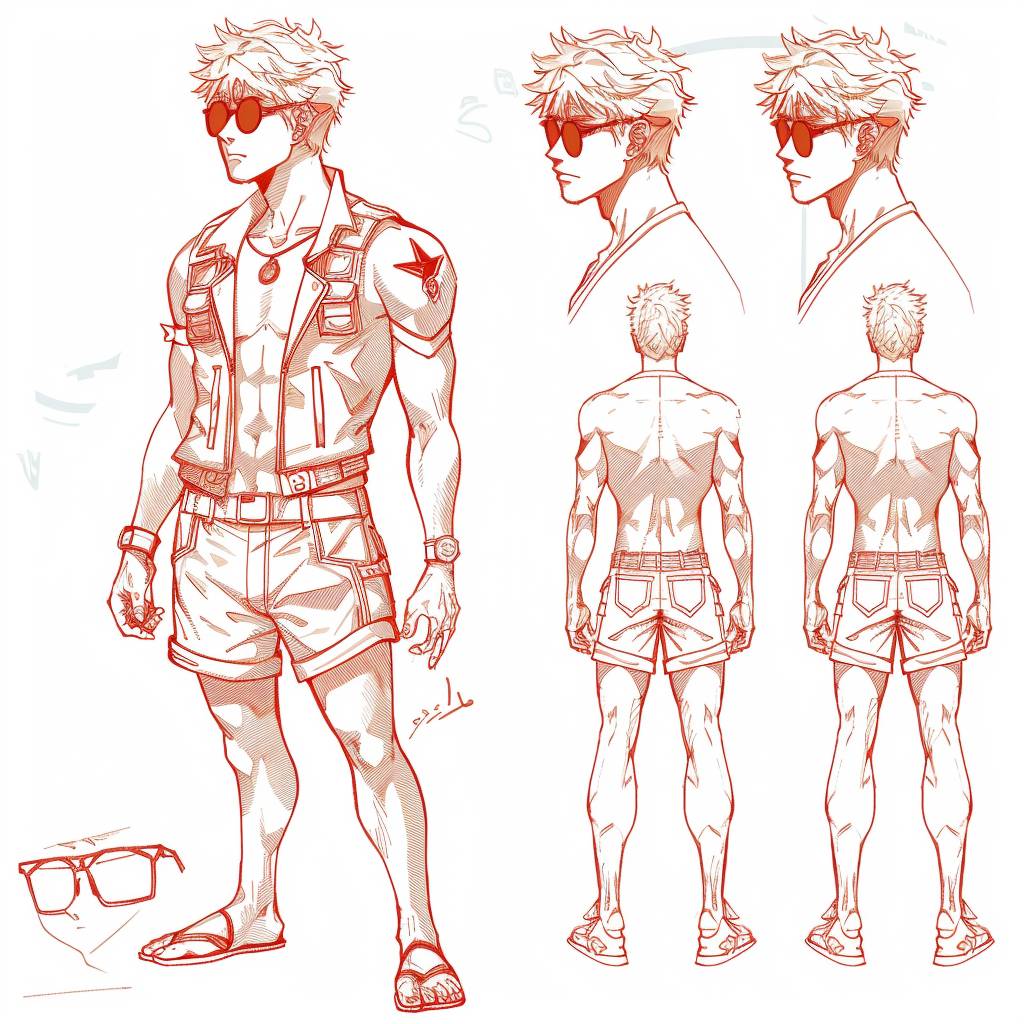 A character design sheet of an anime [male lifeguard with short, sun-bleached hair, wearing sunglasses and a red lifeguard outfit], in different poses, front view, side view, and back view, [red] pencil sketch on a white background, concept drawing, simple lines, flat colors, hand-drawn style with simple lines on a white background, character concept art, mesh base --v 6.0