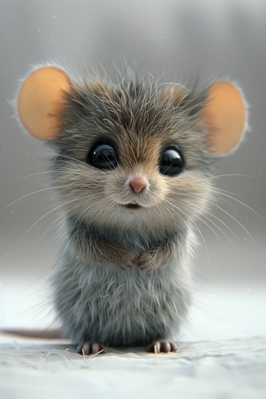 3D rendering of a cute baby mouse with big eyes and fluffy fur. The white background highlights its adorable features. It has large black ears and paws that add to its cuteness. The focus is sharp and clear against a soft grey gradient in the background. The style is reminiscent of traditional Chinese ink paintings.