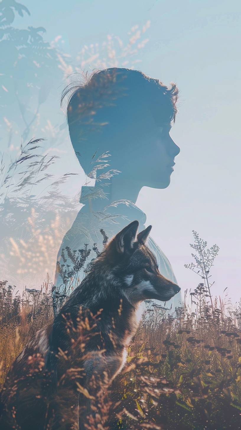 Double exposure style, boy and wolf looking sideway, illustration style, simple detail, simple coloring, in a field, painting style, sky inside boy, field inside wolf, minimal, blurry color, flat illustration