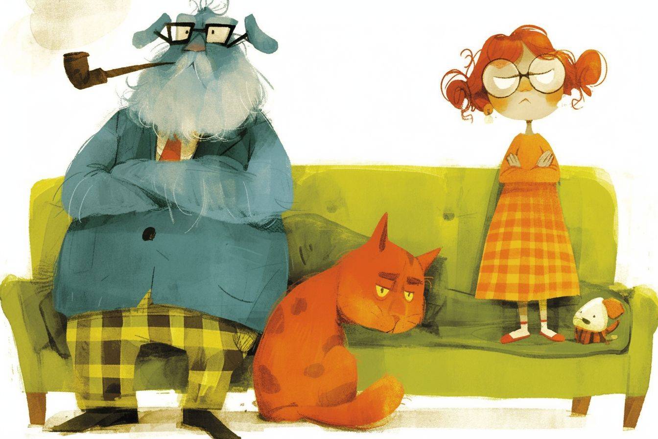 3つのキャラクターが描かれた漫画イラスト。左側のキャラクターは眼鏡をかけたパイプをくわえた青い老犬で、真ん中のキャラクターは緑のソファに座るオレンジ色の猫で、右側には悲しそうな表情の小さな女の子が立っています。子供向け絵本やピクサーのカートゥーンアートスタイルで描かれています。