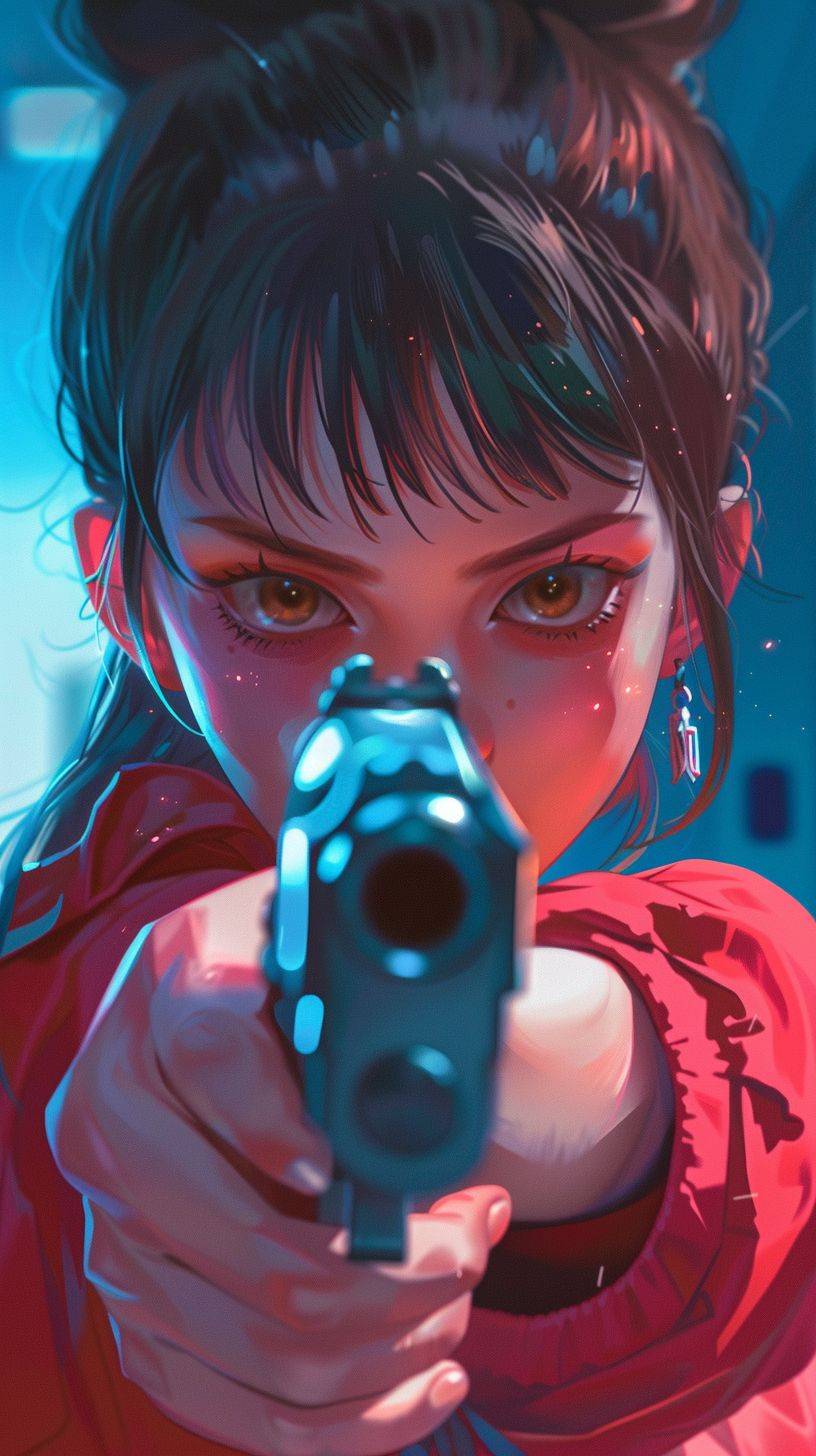 Japanese animation style, illustration style, bright colors, 16 year old girl, big sparkling eyes, zibli animation, with gun