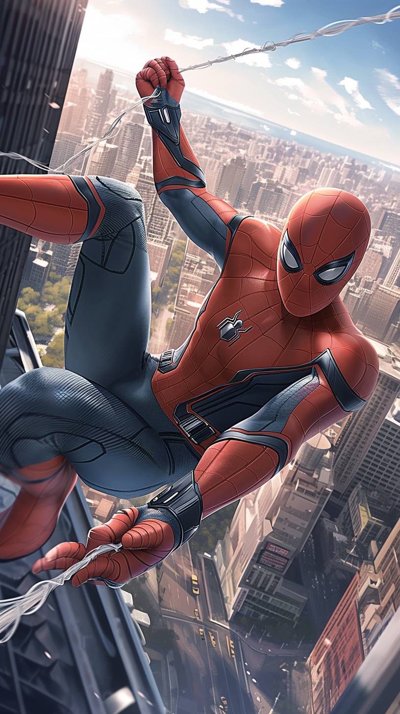 A vibrant illustration of SpiderMan swinging through the city, capturing his dynamic and iconic pose in full view. The background features tall buildings with clear skies above. This artwork is presented as an ultra-high definition image for detailed depiction, with intricate details on both the character's costume and urban environment. It has been created using digital art techniques to emphasize realism and texture, focusing on the face. The illustration is in the style of a realistic digital artist.