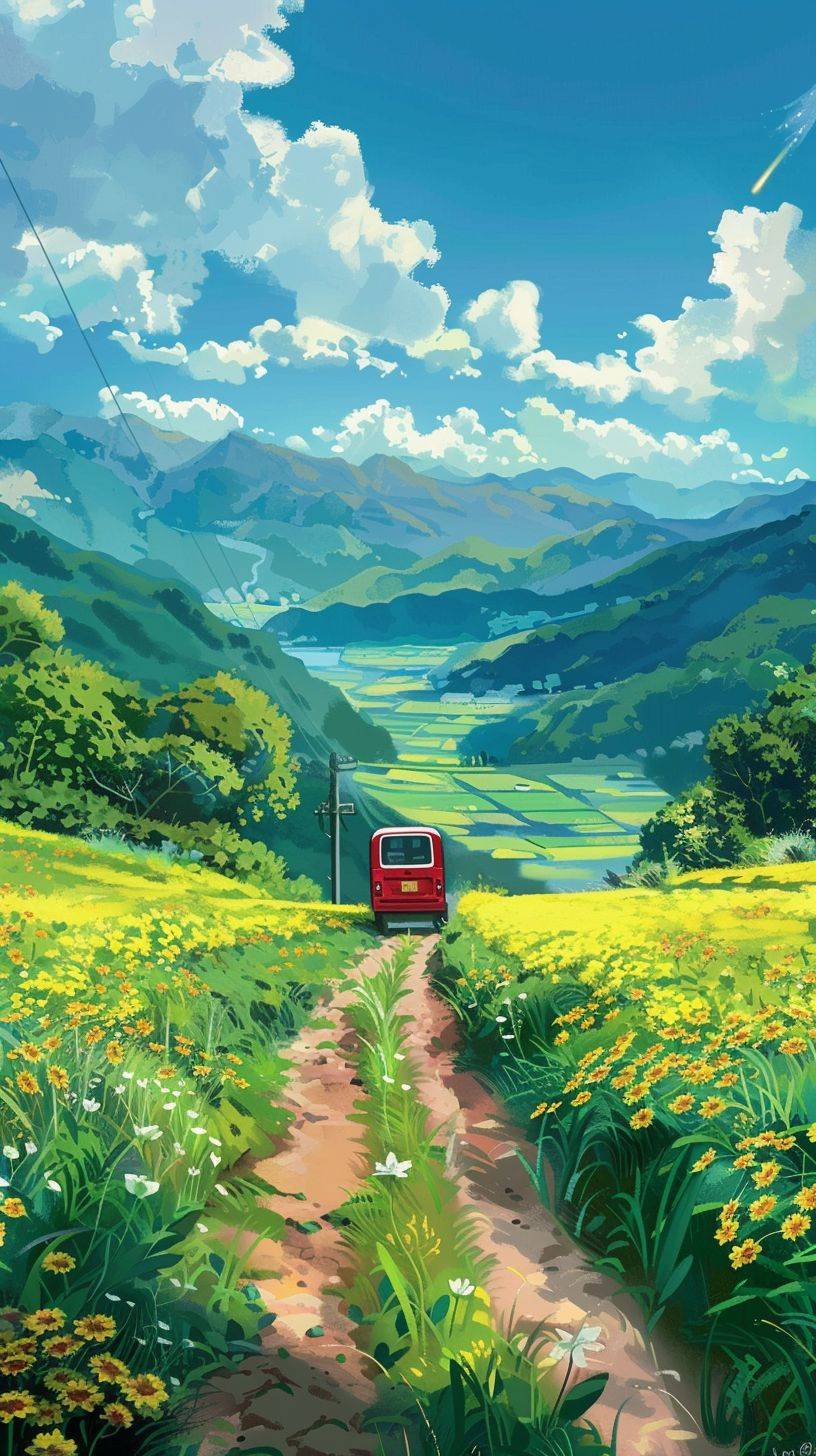 赤いバスは、ハヤオ・ミヤザキ風のアニメーションスタイルで、晴れた日に、背景には山々が見え、黄色の花が一面に広がる菜の花畑を走っている。道路の両側には緑の丘があります。