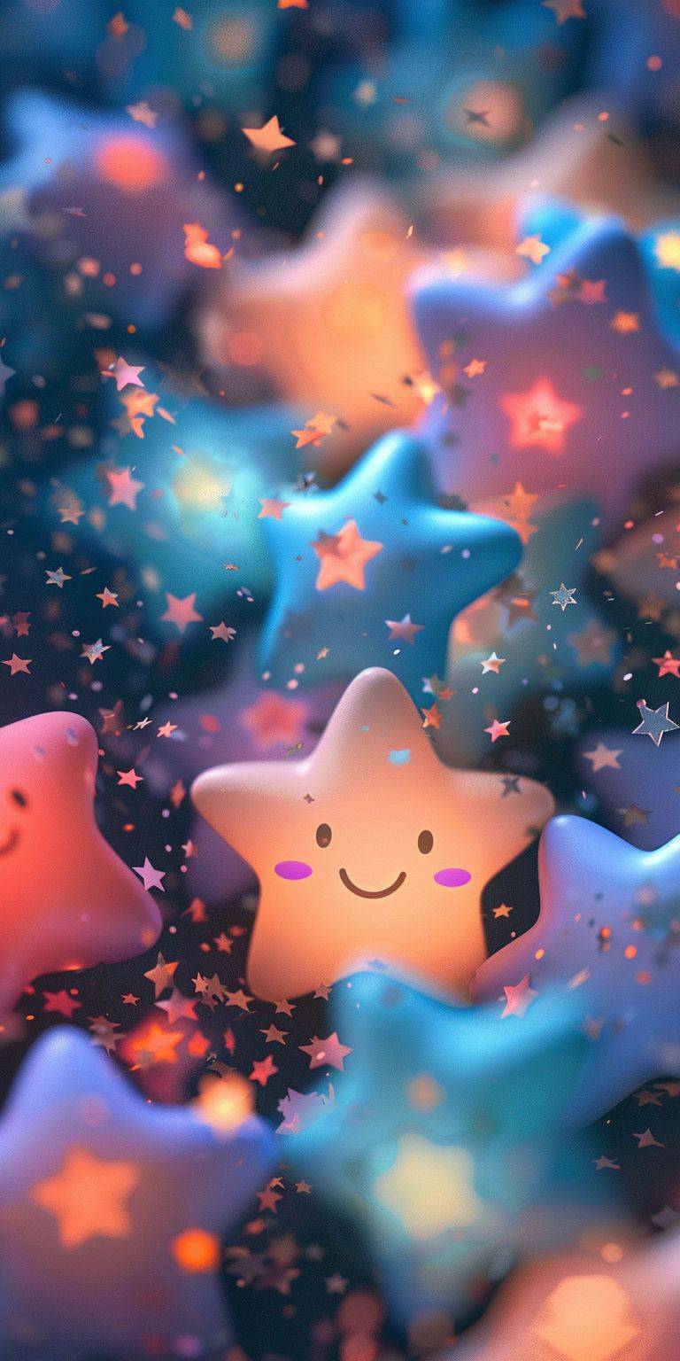 Super cute and fluffy little star emoticons cover the screen, colorful, realistic, high quality, mobile wallpaper