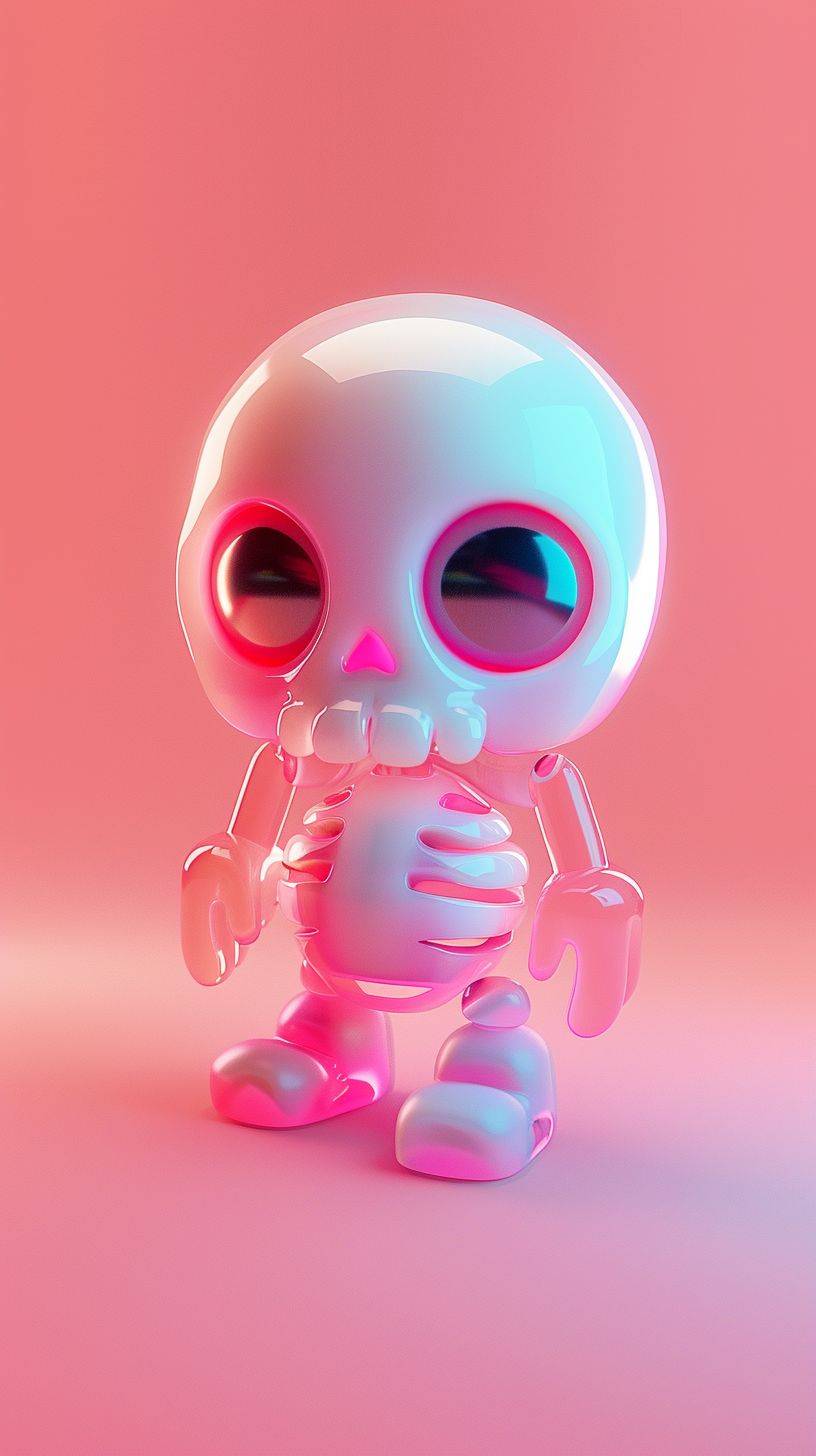 Cute skull toy art with transparent acrylic body covering the bones, 3D icon, white, clay material isometric, 3D rendering, smooth shiny vinyl figure, toy art, realistic use of light and color soft gradient, cute style, glossy, honey style, Nintendo trendy, best details, high definition, high resolution