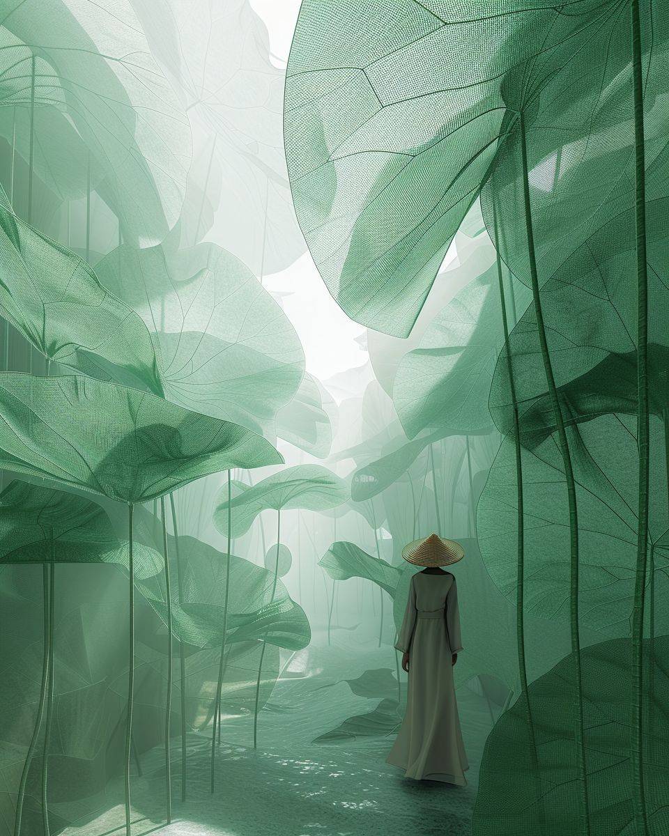 A person wearing a straw hat among lotus leaves, with people in the distance, large gauze mesh lotus leaves, interior installation art, Surrealist style, minimalism, white and green color scheme, clean background, ultra-high detail, 3D rendering