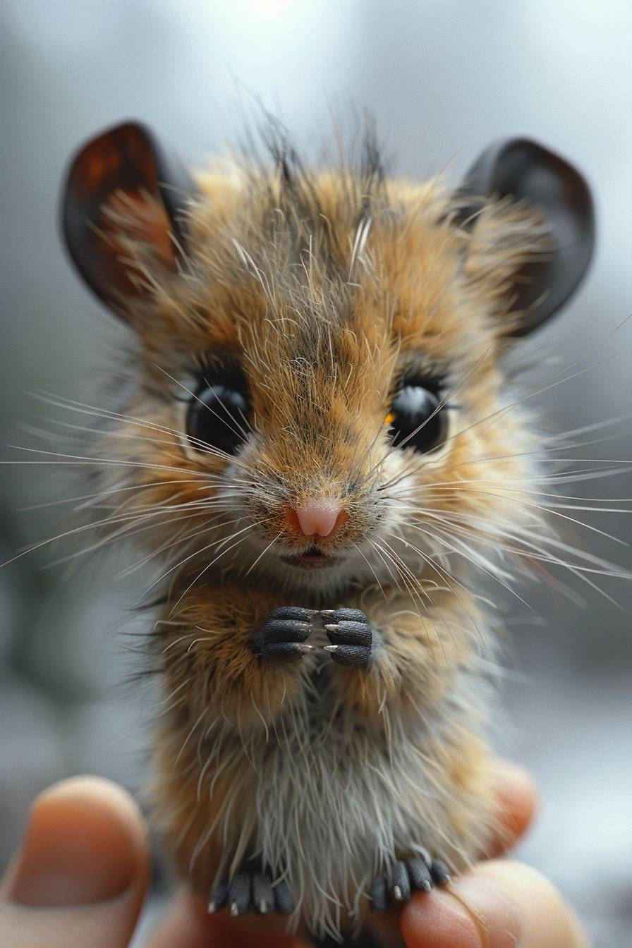 3D rendering of a cute baby mouse with big eyes and fluffy fur. The white background highlights its adorable features. It has large black ears and paws that add to its cuteness. The focus is sharp and clear against a soft grey gradient in the background. The style is reminiscent of traditional Chinese ink paintings.