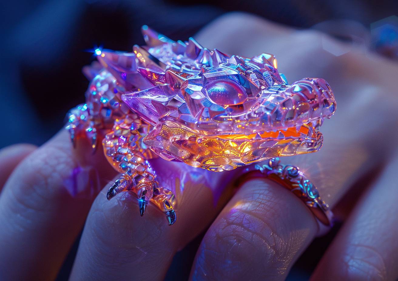 Close-up, a miniature crystal dragon, mounted on a woman's ring, in the style of isomalt crystals, tenebrism, and glowing radiant colors.