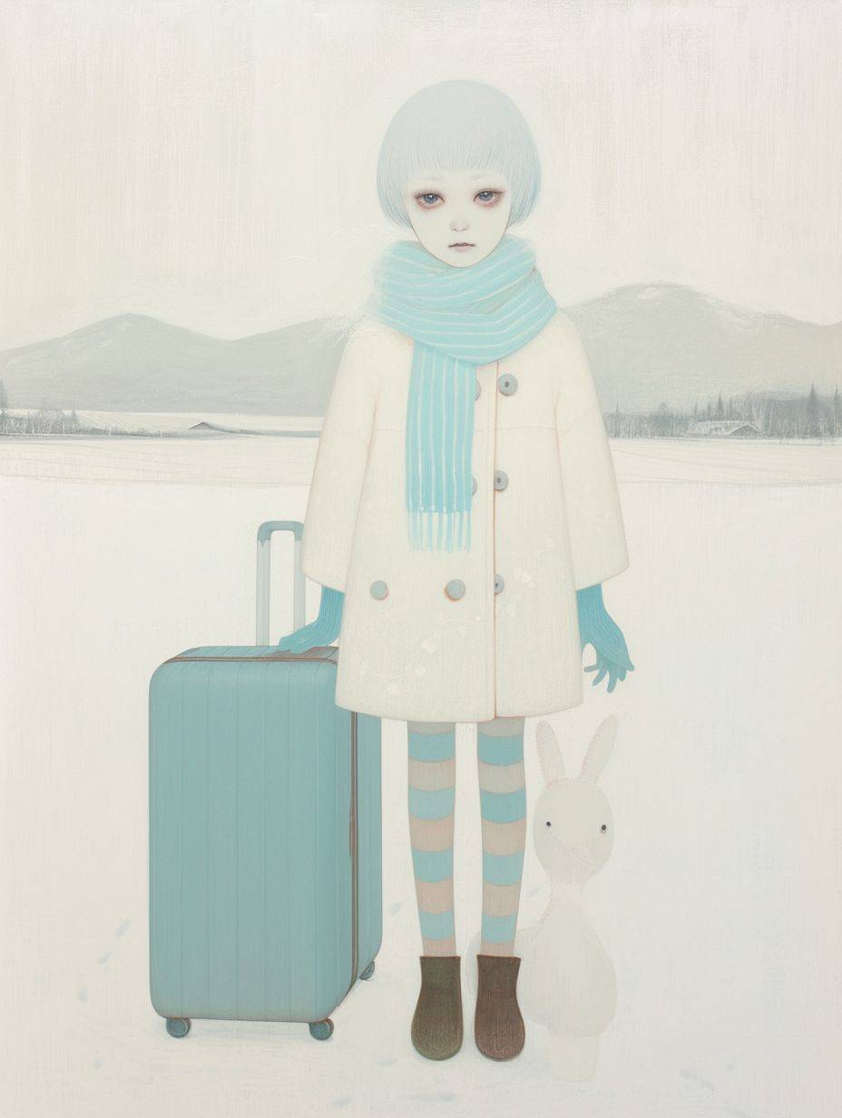 A girl with short hair with a blue suitcase wearing gloves and scarf against a winter landscape background in a simple illustration style. The artwork is a colored pencil drawing with a light gray green color scheme and uses white space to enhance visual impact in the style of Hsiao Ron Cheng. The artwork has influences from children's book illustrations and colorful woodcut printmaking styles with a Chinese cultural theme