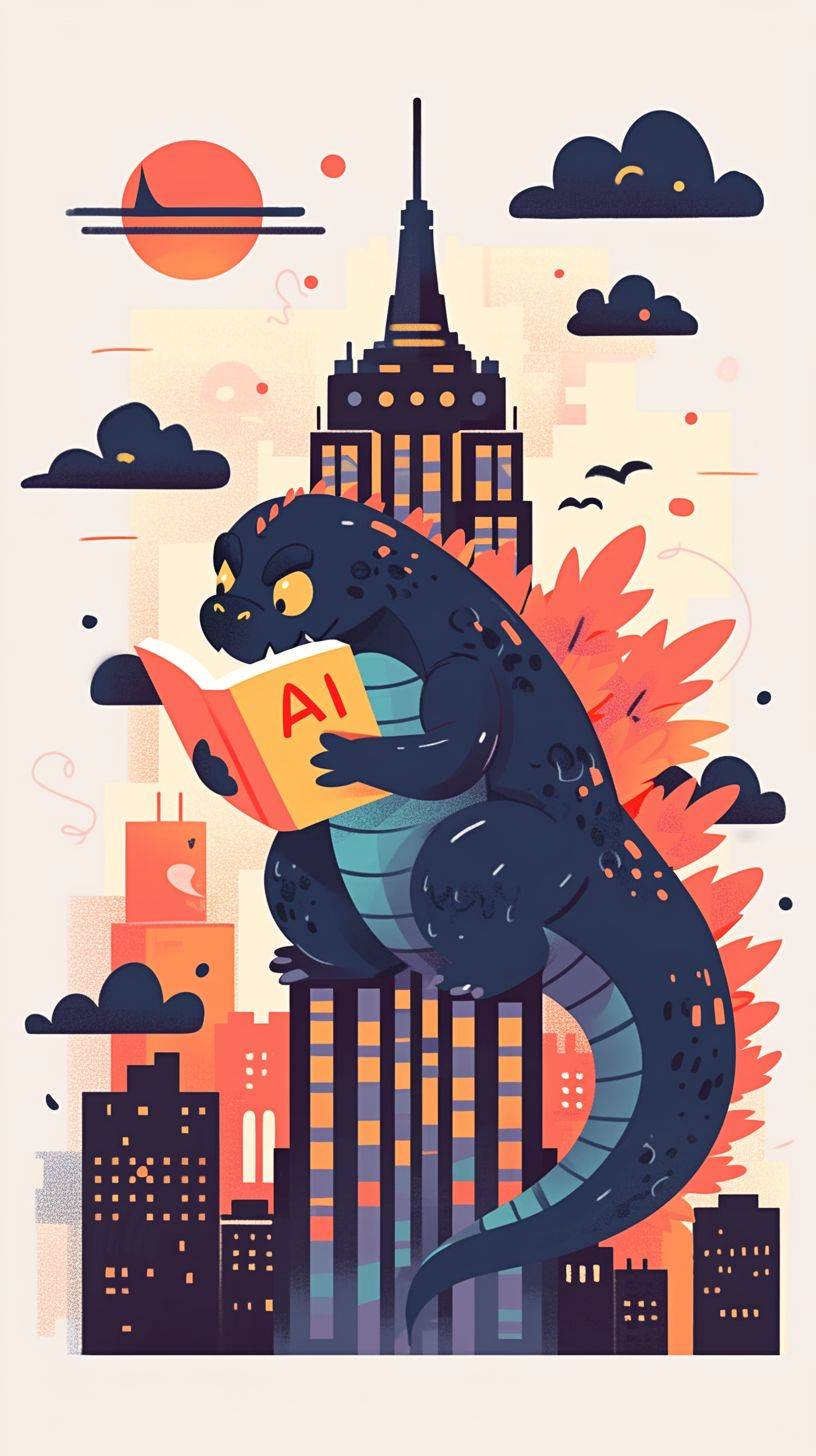 A cute cartoon Godzilla is sitting on the empire state building, with 'LOL' written in bold letters above its head, reading a book, flat illustration style, pastel colors, children's poster design, book cover design