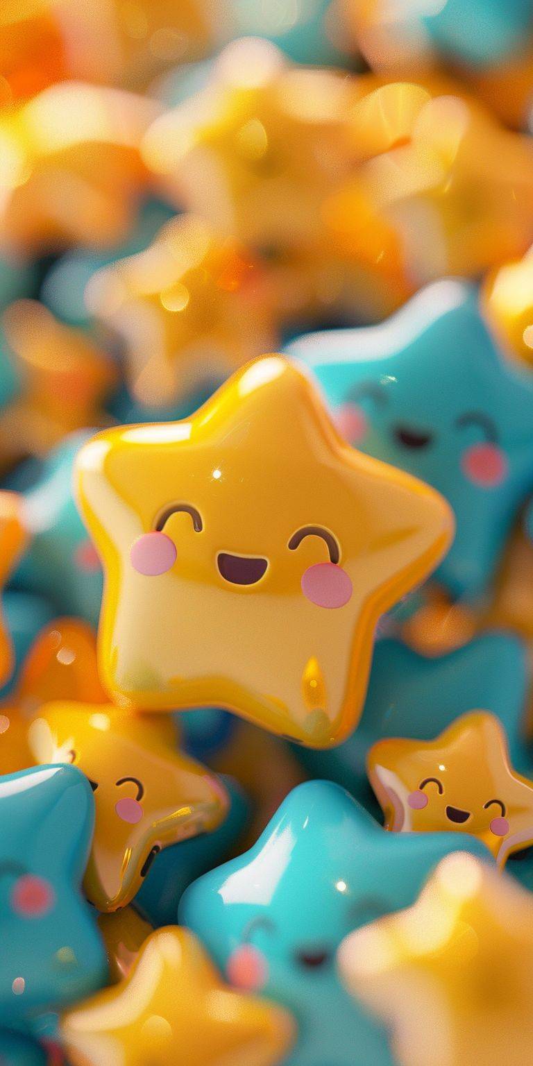 Super cute and fluffy little star emoticons cover the screen, colorful, realistic, high quality, mobile wallpaper