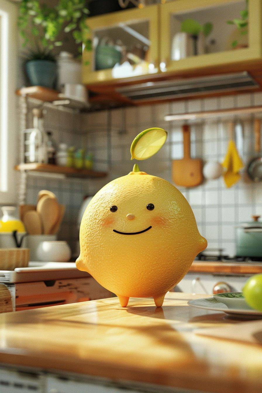 An illustration of Confident Lemon with face and body, in a kitchen, compact, candid shot, Ambient lighting, Laowa Macro Shot, anthropomorphize.