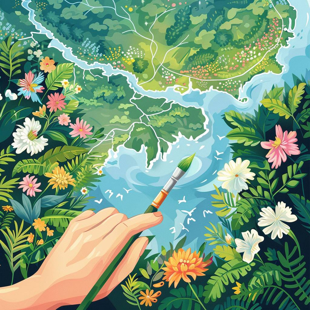 A hand holding an artist's brush painting the river in spring, surrounded by blooming flowers and lush greenery, in a vibrant cartoon style. The background is a detailed map of China with clear water flow lines and lakes. This scene symbolizes creativity in the style of World Water Day social media --v 6.0