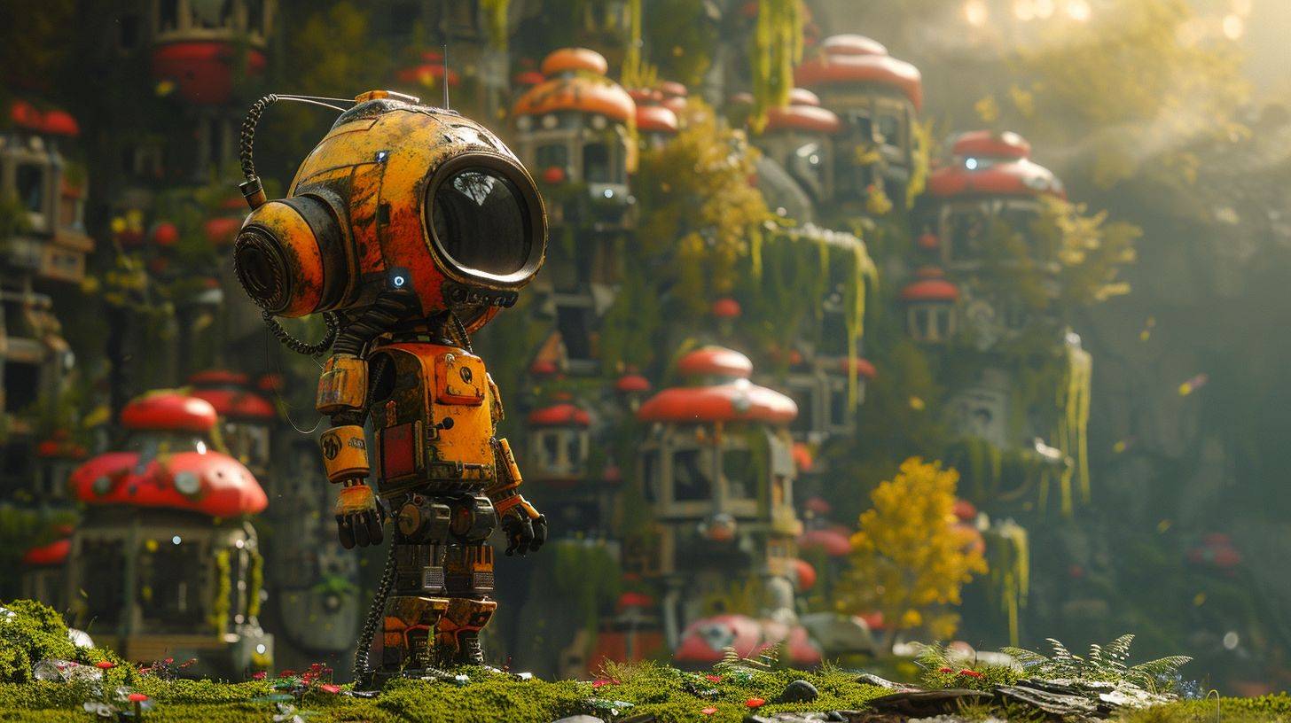 A digital art piece of an alien astronaut with humanlike features, wearing oversized headphones and standing in front of the ruins of his home made from mushrooms and moss, set against a backdrop of colorful, psychedelic landscapes with futuristic buildings and lush greenery. The scene is bathed in soft light that casts gentle shadows on its intricate details, creating depth and texture. In the style of a glitch effect.