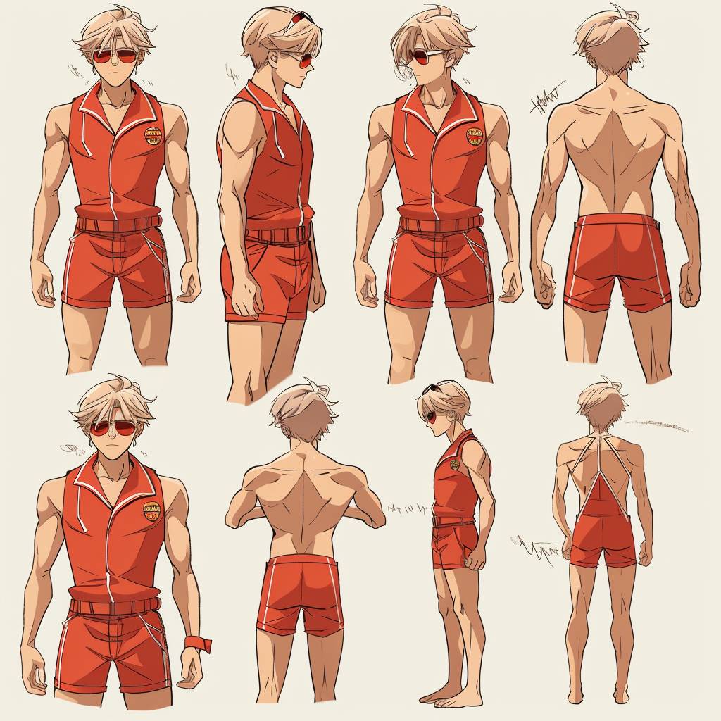 A character design sheet of an anime [male lifeguard with short, sun-bleached hair, wearing sunglasses and a red lifeguard outfit], in different poses, front view, side view, and back view, [red] pencil sketch on a white background, concept drawing, simple lines, flat colors, hand-drawn style with simple lines on a white background, character concept art, mesh base --v 6.0