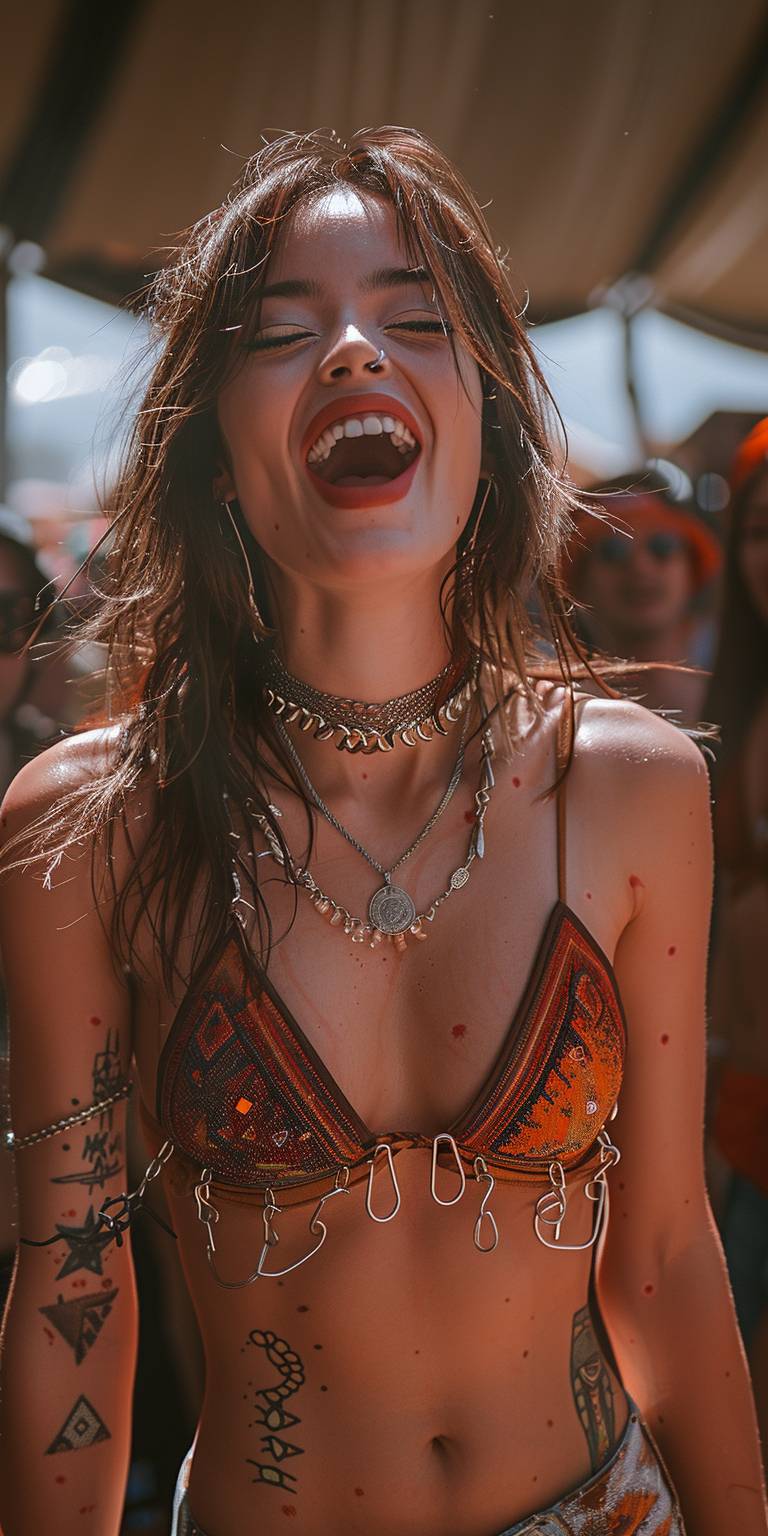 An ultra high-definition photo of a 20-25 year old Japanese female Instagram influencer, posed in the style of viral social media photos with photorealistic, excited and animated expressions at a music festival. Shot with a wide angle lens and high detail, using a Sony A7III.