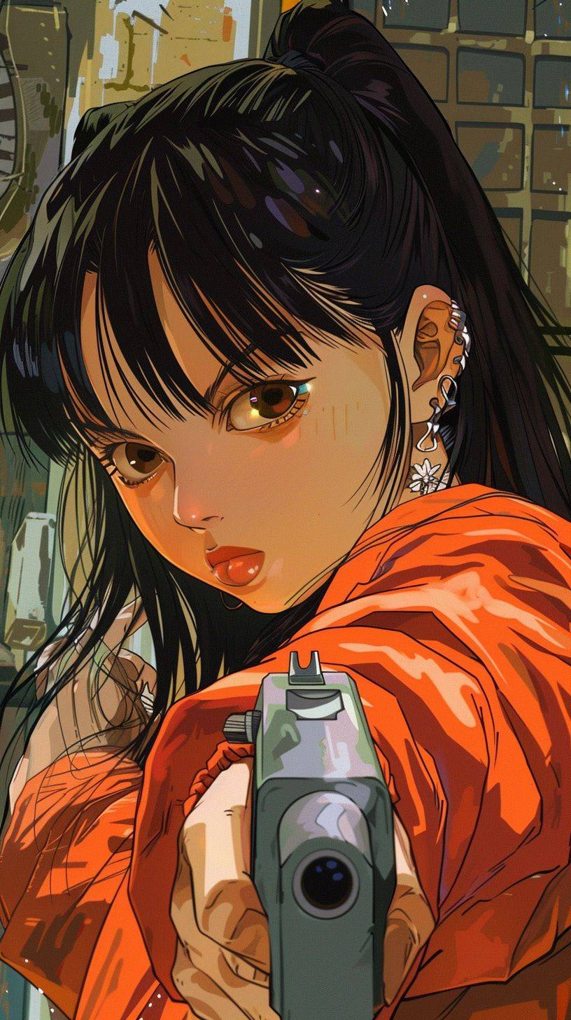 Japanese animation style, illustration style, bright colors, 16 year old girl, big sparkling eyes, zibli animation, with gun