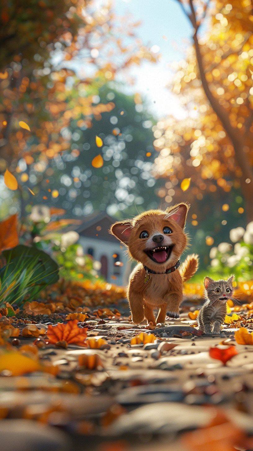 Image of a cute, chubby dog and cat playing and chasing each other on a beautiful farm, lush greenery, 3D animated image