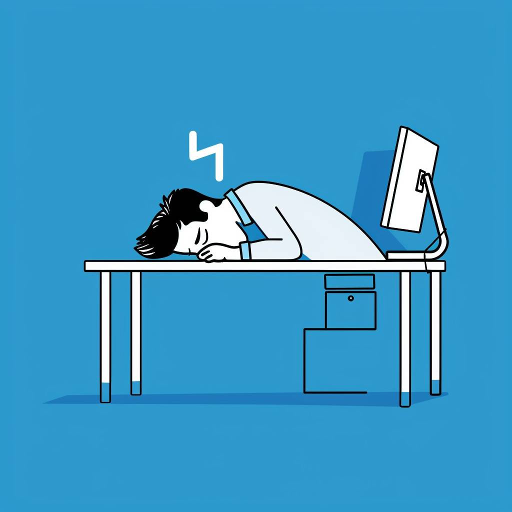 A simple cartoon drawing of an office worker sleeping at his desk, with a blue background and white outline. The character is drawn in a minimalistic style using black lines against a bright blue backdrop. It features a man slumped over his computer screen, wearing casual attire including a t-shirt or dress. There are no additional elements; the focus is solely on creating a charming and humorous illustration in the style of a minimalist artist.